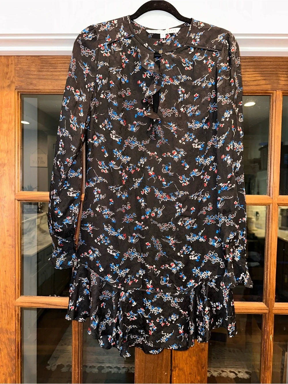 NWOT Veronica Beard Preston Silk Size 6 Black Floral Ruffle Long-Sleeve Dress - Picture 2 of 12